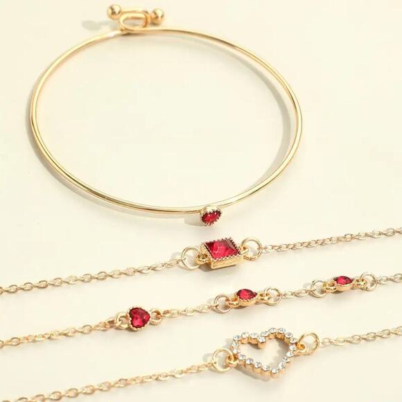 NEW 4pcs Gold Bracelet Set – Red Rhinestones, Heart & Square Charms, Stackable - Picture 4 of 4